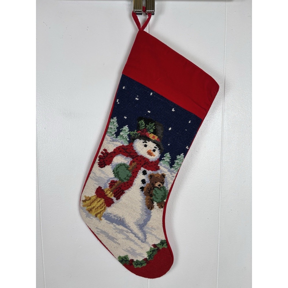 Vintage Snowman Cross Stitch Wool‎ Christmas Stocking Red Velvet Back